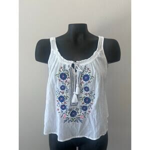 Iris Los Angeles Tank Top EmbroideryTassle ruffle neck Sz S Cottagecore Summer